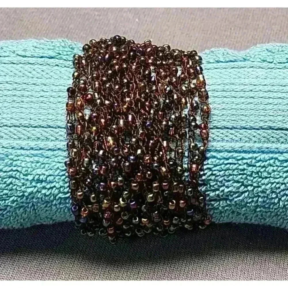 Bohemian Multi-strand Brown Knit Cuff Beaded Bracelet Iridescent Seed Beads Boho - Picture 4 of 6
